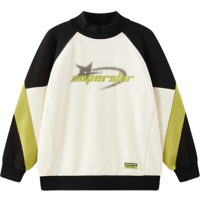 MQD童装男童加绒卫衣2025冬季新款儿童半高领插肩袖撞色上衣内搭