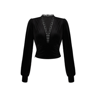 XULU原创轻奢丝绒拼接蕾丝简约气质显身材优雅灯笼袖V领打底上衣