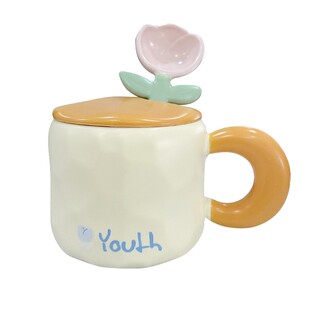 小清新花朵陶瓷杯女生高颜值马克杯带盖勺家用早餐咖啡杯生日礼物