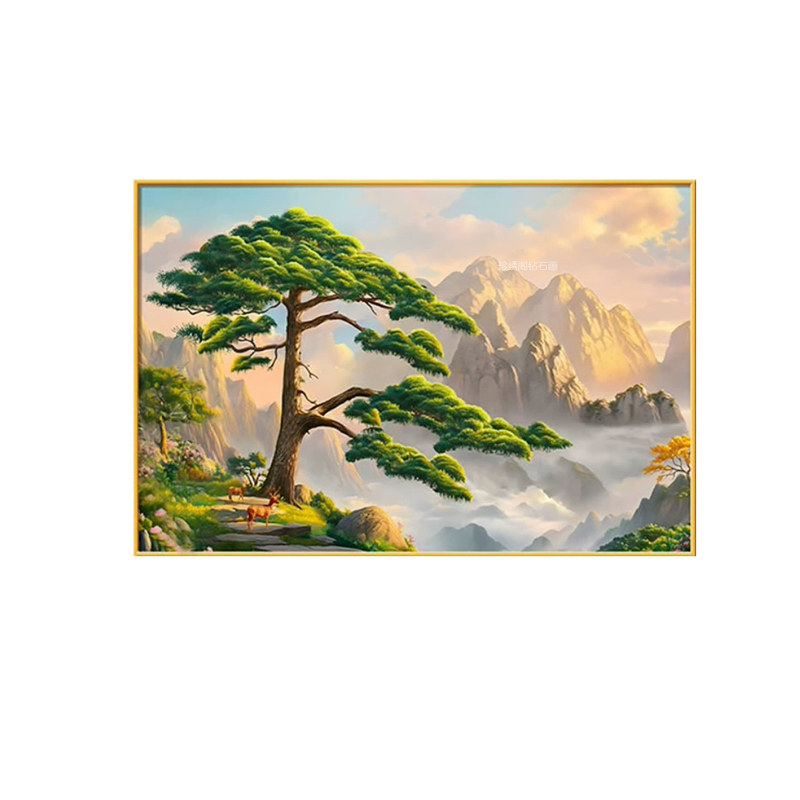 5d迎客松钻石画方钻满钻无水靠山风景粘砖贴钻画十字绣客厅小尺寸