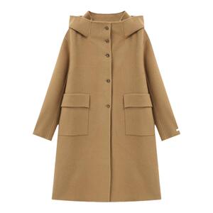 百家好驼色连帽双面羊毛呢大衣女冬季新款长款气质小个子呢子外套