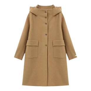 百家好驼色连帽双面羊毛呢大衣女冬季新款长款气质小个子呢子外套