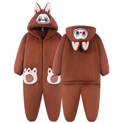 男款冬季珊瑚绒拉布布连帽家居服