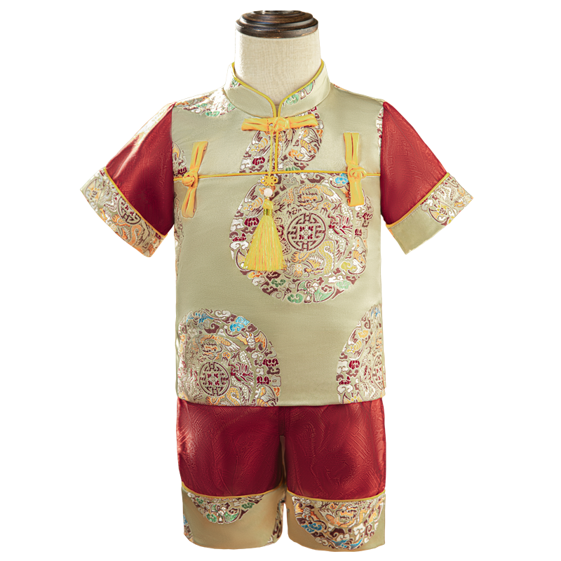 宝宝一周岁礼服男夏季套装婴儿抓周生日宴衣服中国风百天唐装短袖