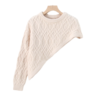 设计感独袖圆领套头毛衣时尚高腰超短款不对称叠穿菱格针织衫披肩