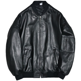 头层绵羊真皮皮衣男女宽松韩廓版青年简约慵懒男友风休闲棒球服况
