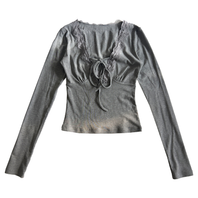 纯欲辣妹蕾丝深V弹力长袖打底衫