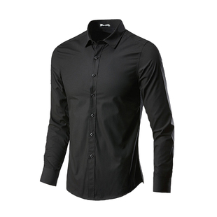 春秋季衬衫男潮流帅气修身长袖商务职业上班休闲加大码黑灰色衬衣
