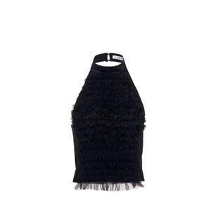 【郁葱同款】AS DALIO黑色网纱花边无袖上衣挂脖露背灵动背心上衣