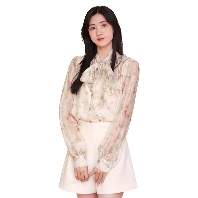 WEWE/唯唯春季新品女装温柔优雅时尚印花系带衬衫亲肤舒适