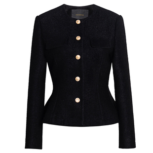 罗衣小香风圆领短款毛呢外套女冬季单排扣收腰显瘦黑色上衣13135