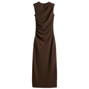 HM女装连衣裙冬季褶皱迷笛裙无袖晚礼服圆领修身裙1268130