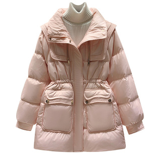 粉色立领收腰a字版羽绒服女士2025冬季新款爆款中长款面包服外套