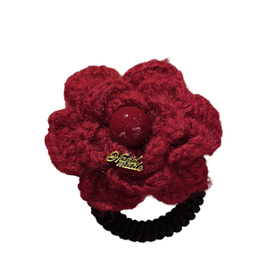 针织毛线花朵发绳新年红色侧边麻花辫头花发圈头绳新款2025年发饰