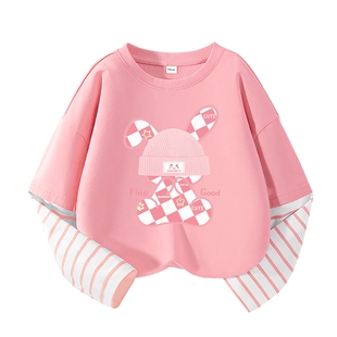 真维斯童装女童t恤长袖纯棉儿童春秋打底衫粉色大童春装薄款上衣