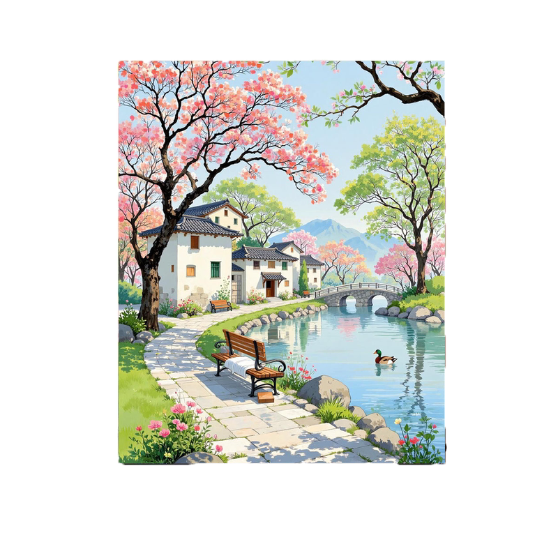 江南湖畔夏日治愈数字油画