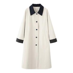 画风drawwind纯棉翻领撞色风衣外套女春秋2026新款宽松上衣中长款