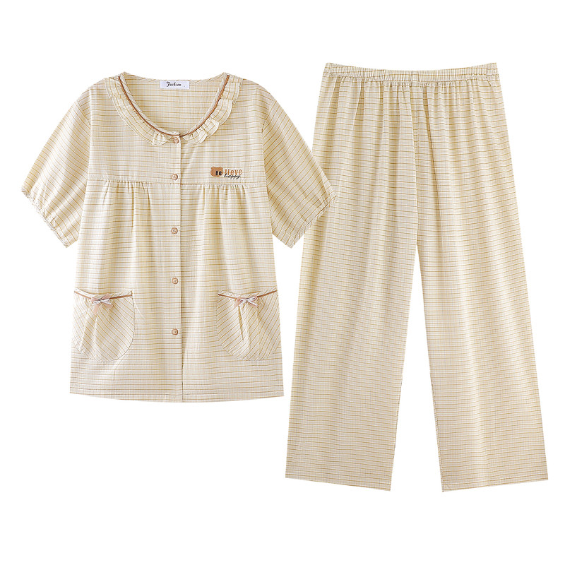 纯棉短袖开衫格纹家居服套装女
