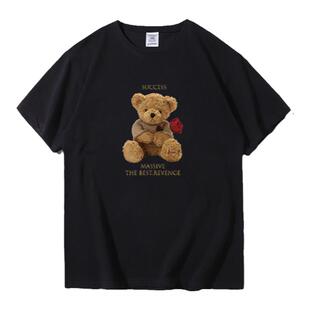 黑色圆领小熊维尼短袖t恤男美式复古韩版宽松纯棉可爱上衣情侣装