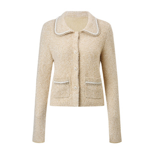 MAXRIENY千金miu系翻领针织外套25秋款珠片纱羊毛混纺小香风上衣