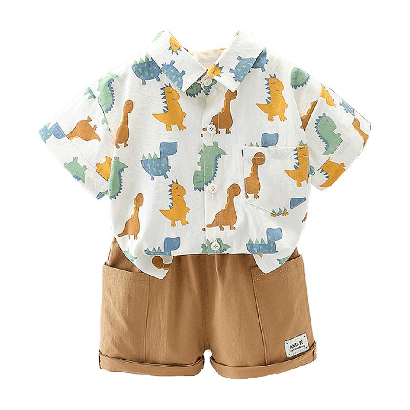 依貝童男童夏裝短袖襯衫套裝新款洋氣寶寶夏季衣服薄款兒童