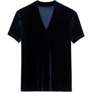 2023夏季新款金丝绒深v领短袖t恤女装修身显瘦上衣高级感洋气小衫