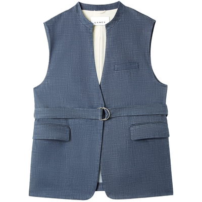 LANCY/朗姿2025年秋新款气质老钱风系带立领无袖马甲女高级感外套