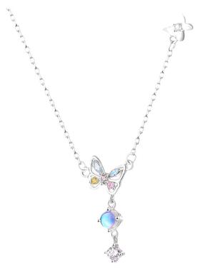 s999足银月光石彩钻蝴蝶项链女