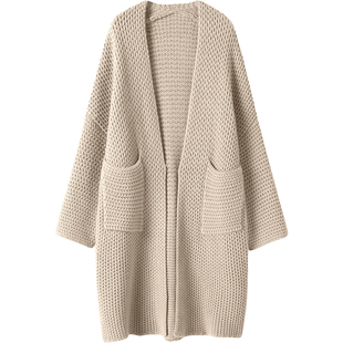 重磅推荐~重工立体编制纯色山羊绒针织开衫女长款宽松毛衣外套