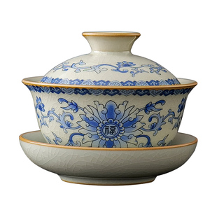 青花汝窑三才盖碗茶杯高档简约不烫手陶瓷茶碗单个手抓壶功夫茶具