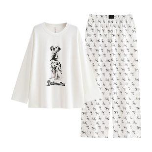 悦内带胸垫一体睡衣女款春秋季纯棉长袖家居服时尚休闲圆领斑点狗