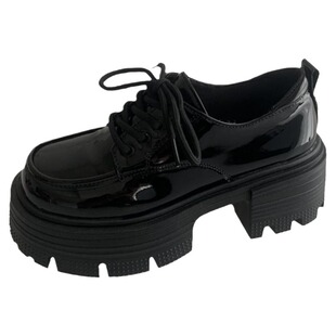 新款圆头jk百搭小皮鞋女2024黑色秋季英伦风厚底单鞋漆皮系带中跟