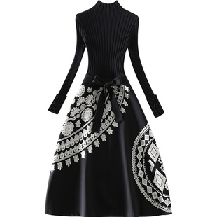 清仓新款高端气质女装中长款黑色长袖内搭打底刺绣拼接针织连衣裙