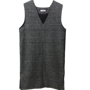 秋冬新款大码千鸟格毛呢背心裙胖mm中长款无袖连衣裙长款格子长裙