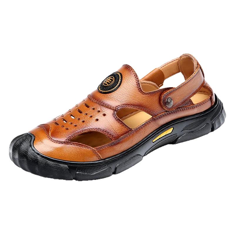 头层牛皮凉鞋男款夏季包头镂空皮鞋男士休闲真皮防滑洞洞男鞋子