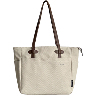 原创设计日系拉链简约百搭通勤帆布托特包休闲文艺学生单肩手提包