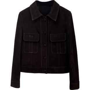 jin口山羊皮绒面~复古翻领真皮皮衣短款多口袋高级感时尚外套夹克