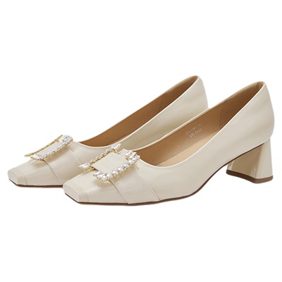 莎莎苏粗跟法式羊皮浅口高跟单鞋