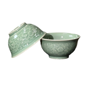 仿宋耀州窑免洗餐具秘色高温青瓷米饭碗粥碗4.7寸浮雕牡丹碗套装