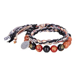 手工编织「道然」手链男士黑玛瑙编绳转运珠手绳朱砂黑曜石银饰品