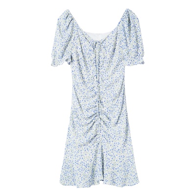 抽绳褶皱碎花连衣裙子轻熟风