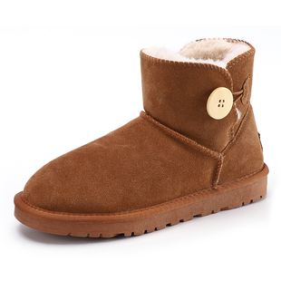 牛皮短筒雪地靴女冬季加绒加厚保暖低帮妈妈纽扣棉鞋防滑皮毛一体