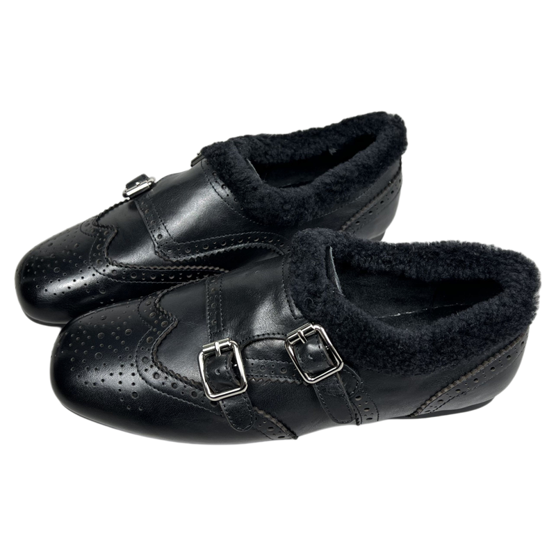 头层牛皮雕花布洛克小皮鞋女棉鞋2025冬新款加绒皮带扣软底乐福鞋