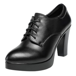 通勤高跟单鞋女真皮2025年春秋季深口鞋加绒尖头绑带粗跟职业皮鞋