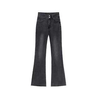 美式烟灰色牛仔裤女秋冬加绒胖妹妹mm高腰宽松显瘦直筒微喇拖地裤