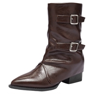 达芙妮棕色短靴女2026新款春季中筒马丁靴尖头裤管靴英伦骑士靴子