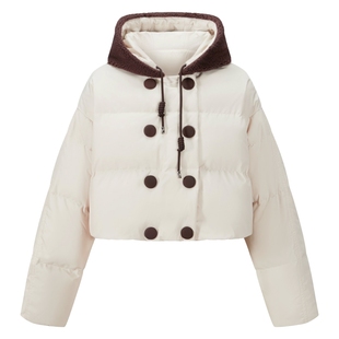 HERLIAN 2025秋冬季新品小个子女生双排扣拼色连帽短款羽绒外套