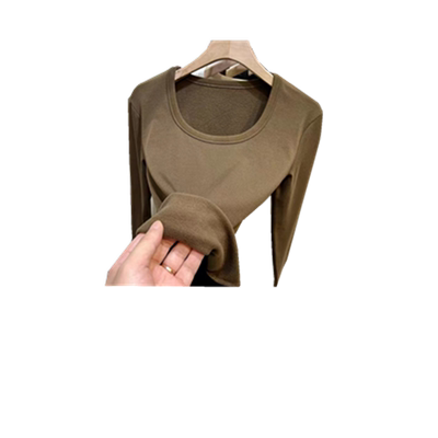 双面德绒方领长袖T恤女2025秋冬新款百搭U领设计感长袖保暖上衣女