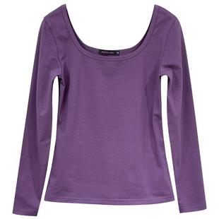 长袖t恤女U领大领口上衣春秋冬季修身露背低领纯色纯棉体恤打底衫