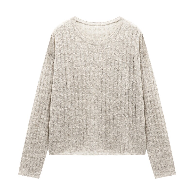Basic House/百家好简约圆领绞花针织衫春装宽松纹理长袖套头毛衣
